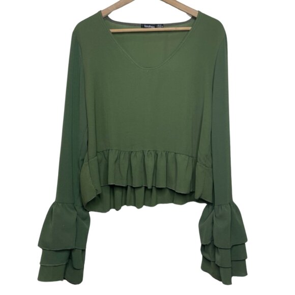 BOOHOO | Olive Green Long Sleeve Ruffle Cropped Top | Size 12 - Picture 2 of 11